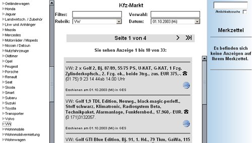 Anzeigensuche bei der RZ Online